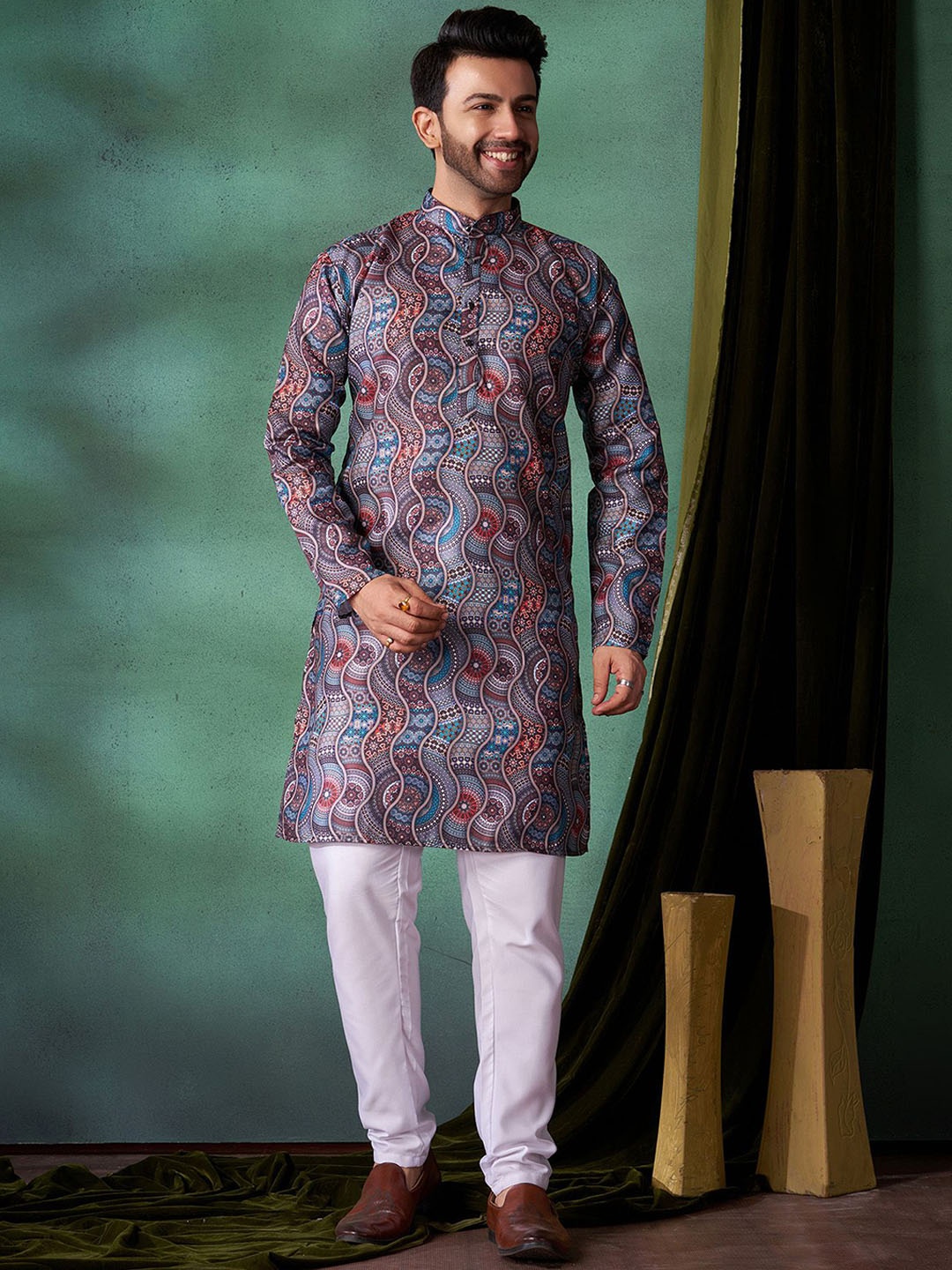 

Fashion FRICKS Men Ethnic Motifs Printed Regular Kurta with Pyjamas, Blue