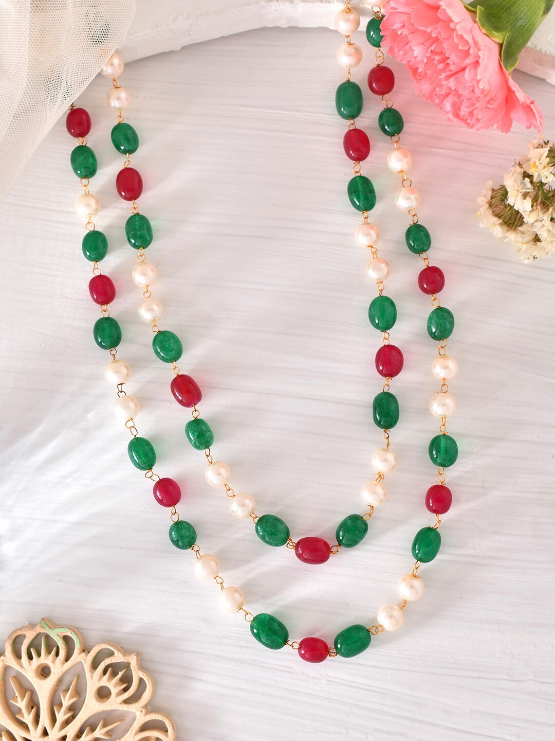 Silvermerc Designs Women Gold-Plated Pearl-Beaded Layered Necklace, Red