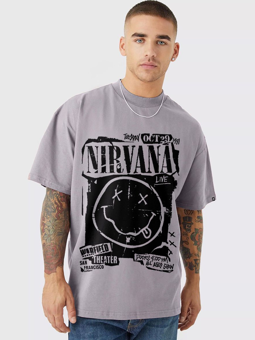 

PRONK Men Printed Drop-Shoulder Sleeves Oversized Cotton T-shirt, Grey