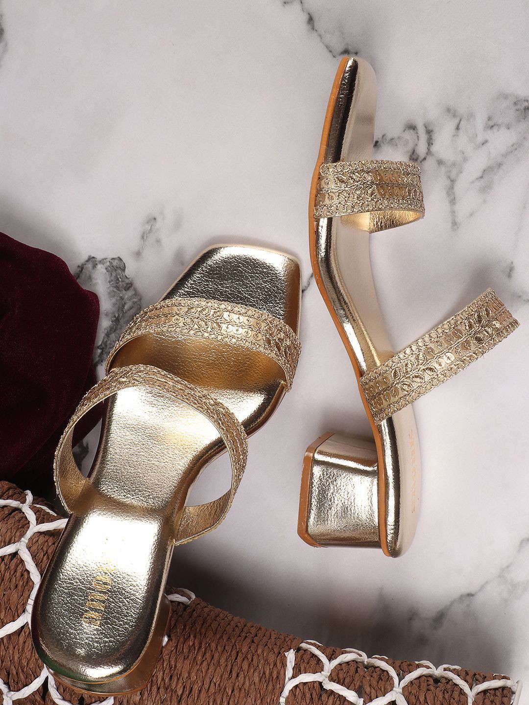 

Anouk Embellished Block Heel Sandals, Gold