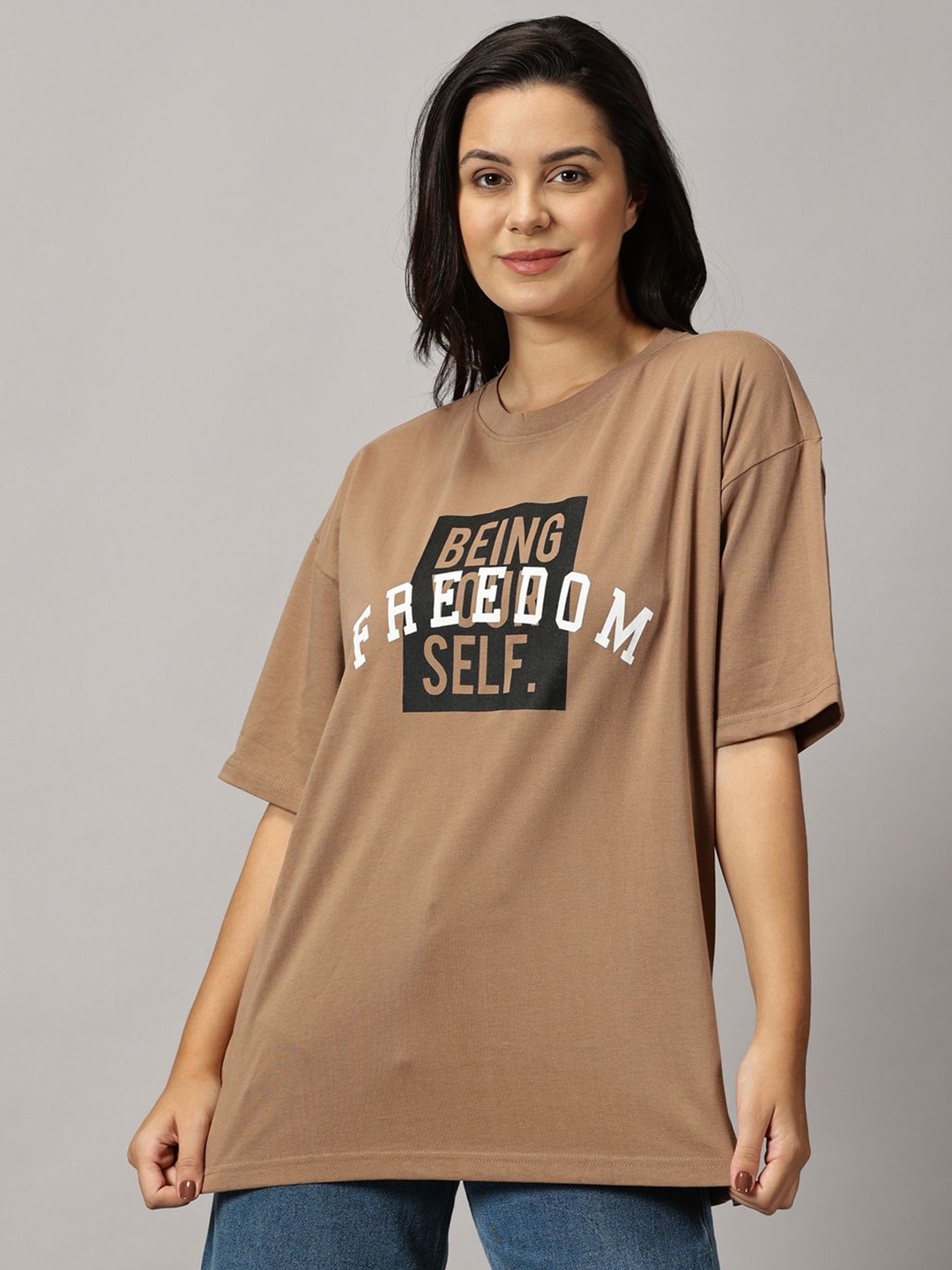 

THE HOLLANDER Women Typography Printed Oversized T-shirt, Brown