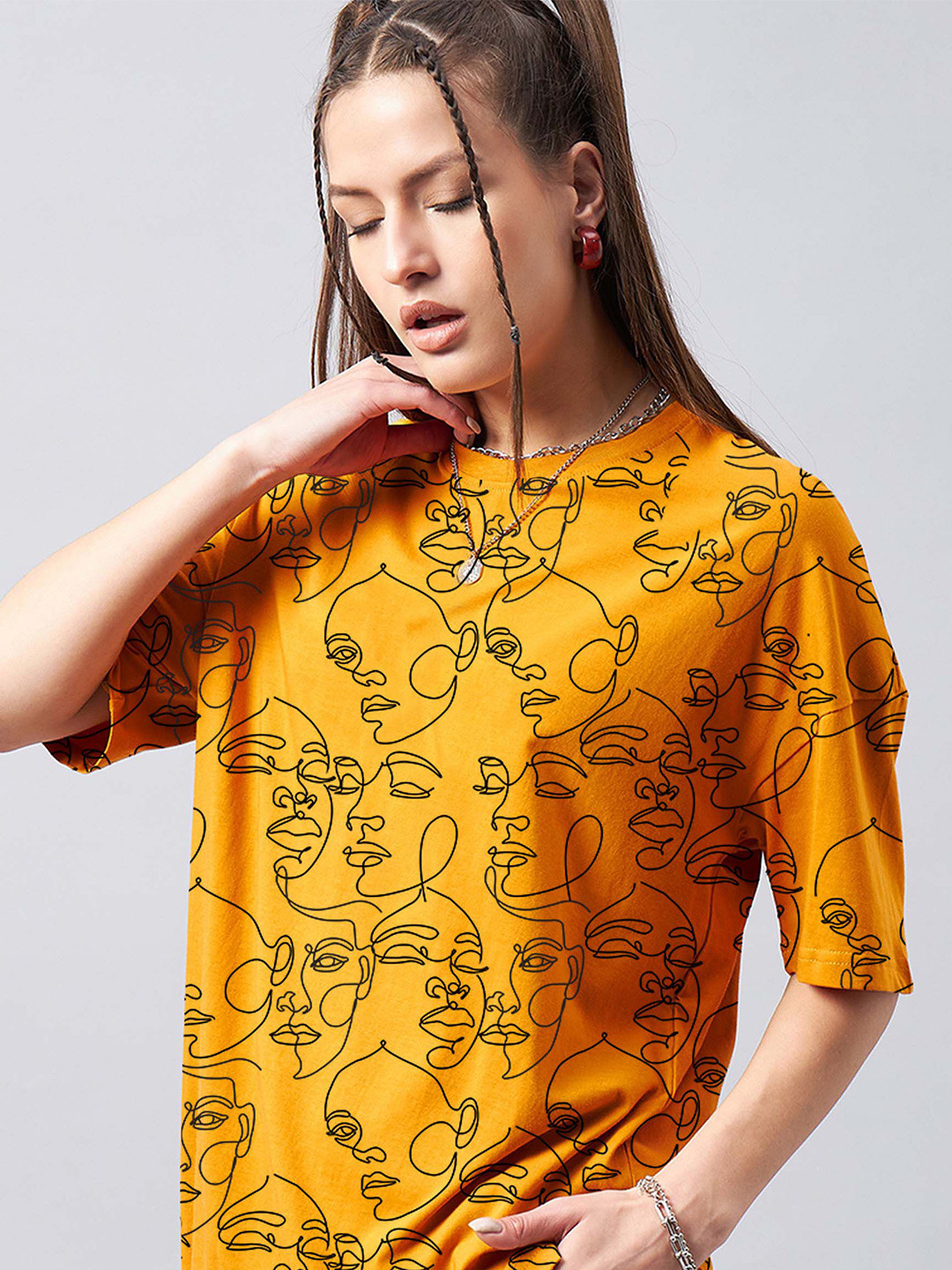 

GESPO Women Abstract Printed Round Neck Oversized T-shirt, Mustard