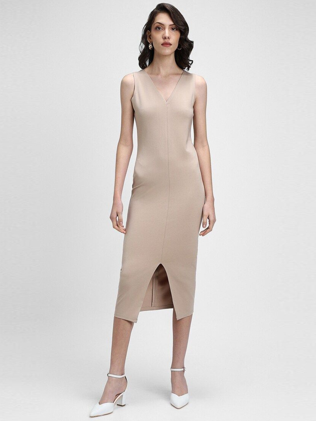 

FOREVER 21 V-Neck Sleeveless Casual Bodycon Casual Midi Dress, Beige