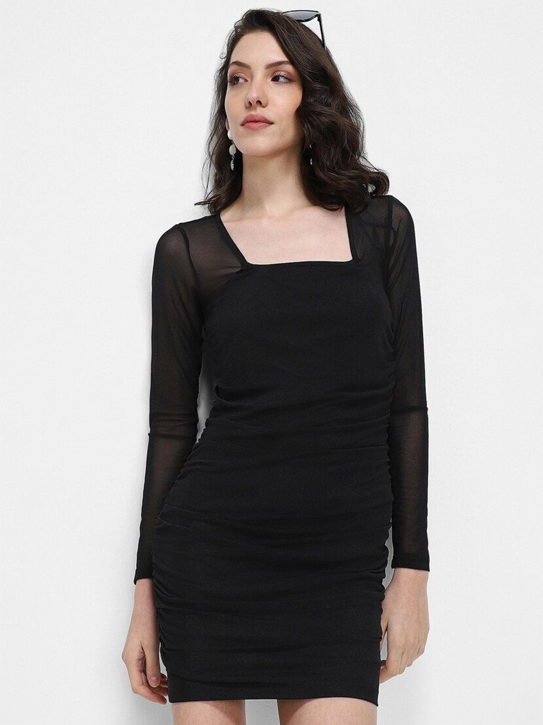 

FOREVER 21 Square Neck Gathered Detailed Bodycon Mini Dress, Black