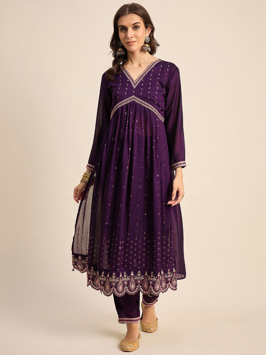 

SheWill Purple V Neck Floral Embroidered Regular Sequinned A-Line Kurta with Trousers