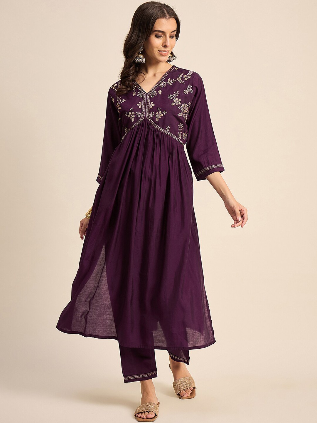 

SheWill Purple V Neck Floral Embroidered Regular A-Line Kurta with Trousers