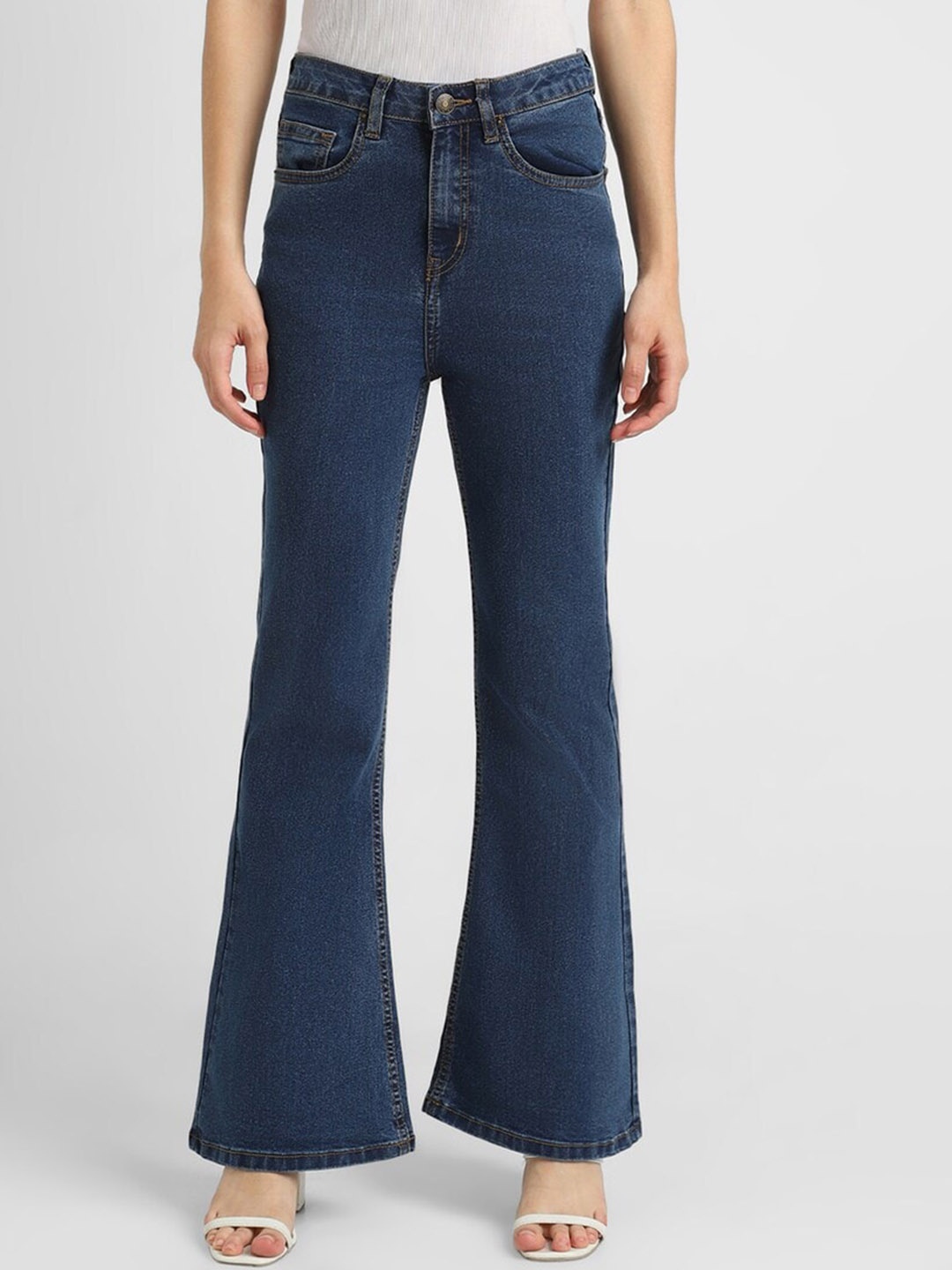 

FOREVER 21 Women Clean Look Dark Shade Mid-Rise No Fade Non Stretchable Flared Jeans, Navy blue