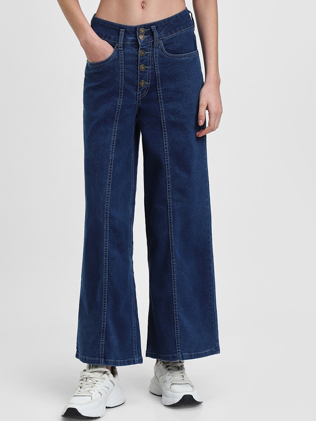 

FOREVER 21 Women Mid-Rise Clean Look Cotton Flared Jeans, Navy blue