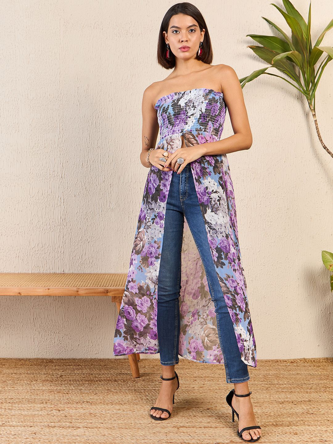

Marie Claire Floral Print Strapless Sleeveless Chiffon Tops, Purple