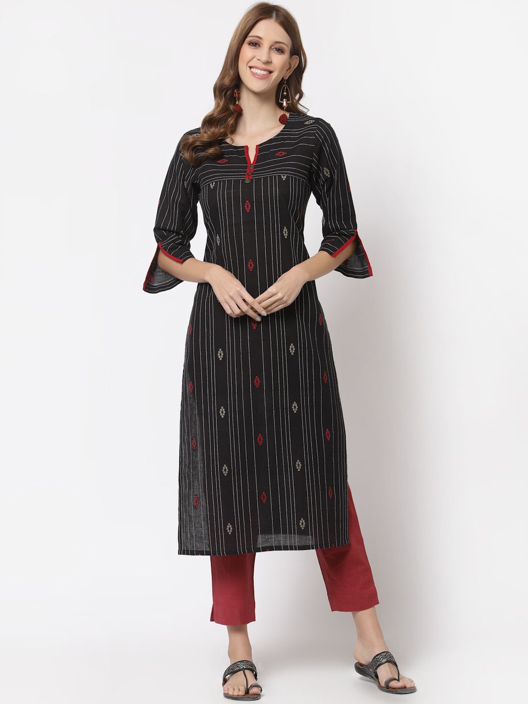 

KAMI KUBI Women Striped Flared Sleeves Thread Work Dobby Kurta, Black