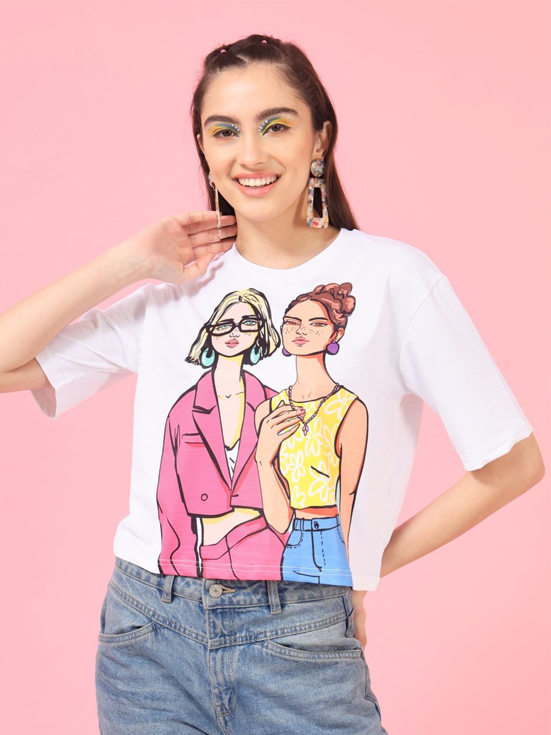 

TANDUL Graphic Printed Round Neck Crop Top, Pink