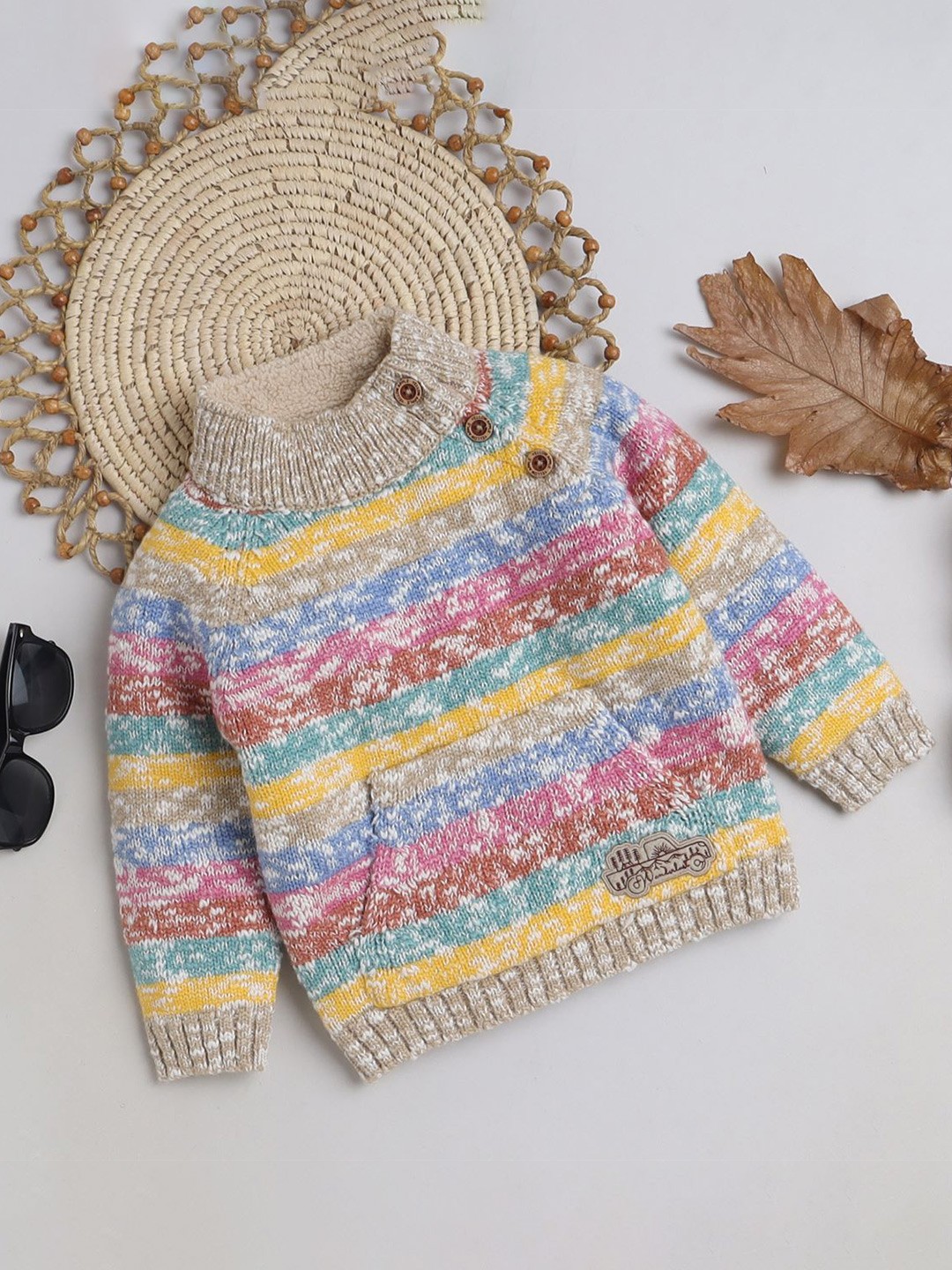 

Yellow Apple Boys Striped Mock Collar Pullover Sweater, Beige