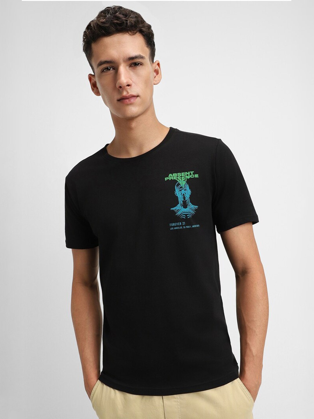 

FOREVER 21 Men Typography Printed Applique T-shirt, Black