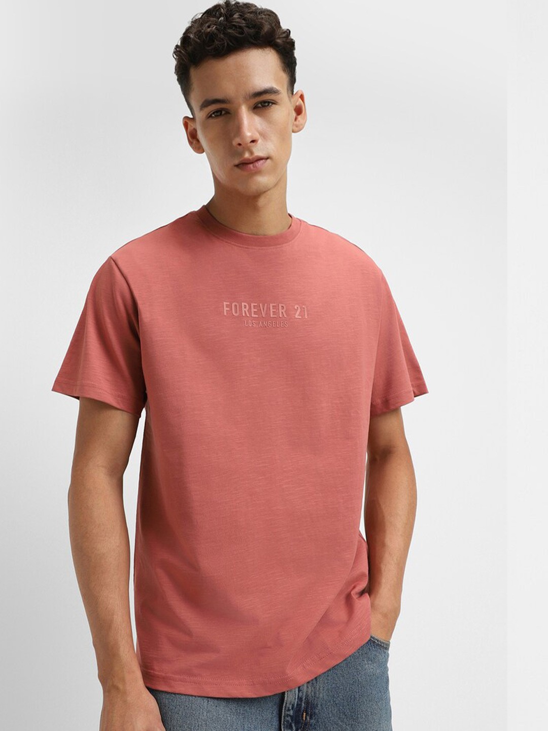 FOREVER 21 Men Typography Printed Round Neck Cotton T-shirt, Pink