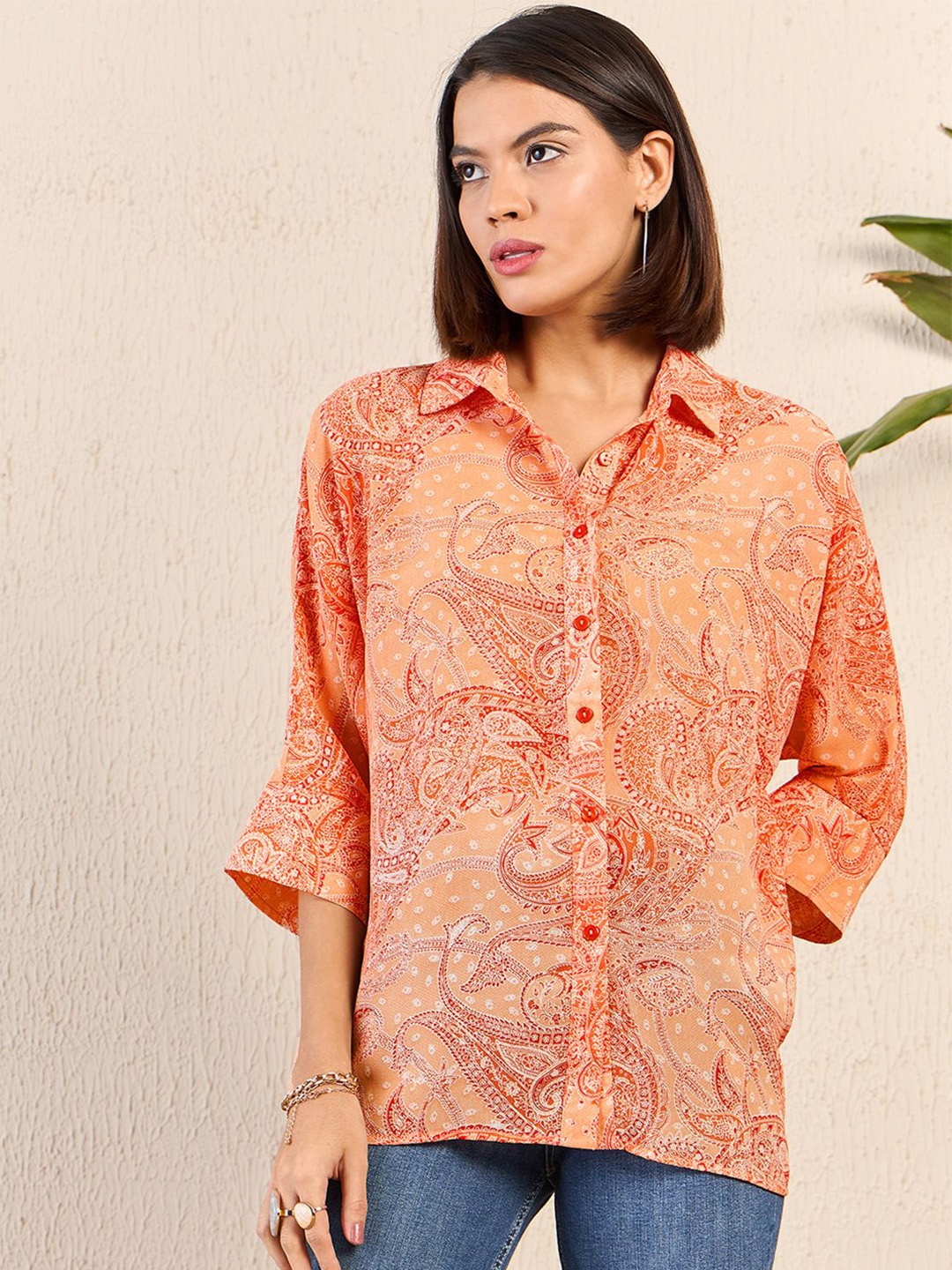 

RARE Ethnic Motifs Printed Spread Collar Straight Casual Shirt, Orange