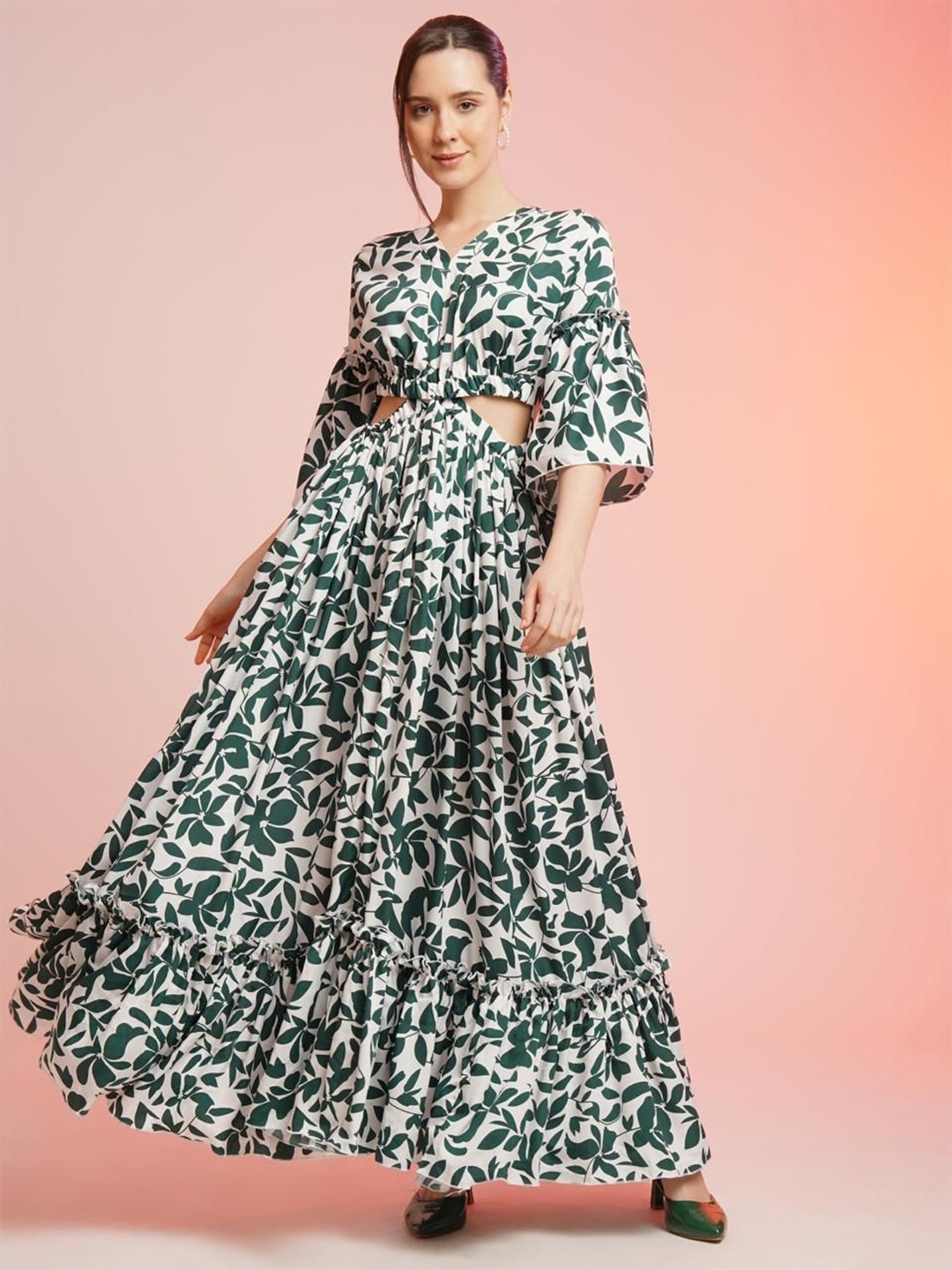 Urban Komfort Floral Printed Flared Sleeves Gathered Maxi Fit & Flare Dress, Green