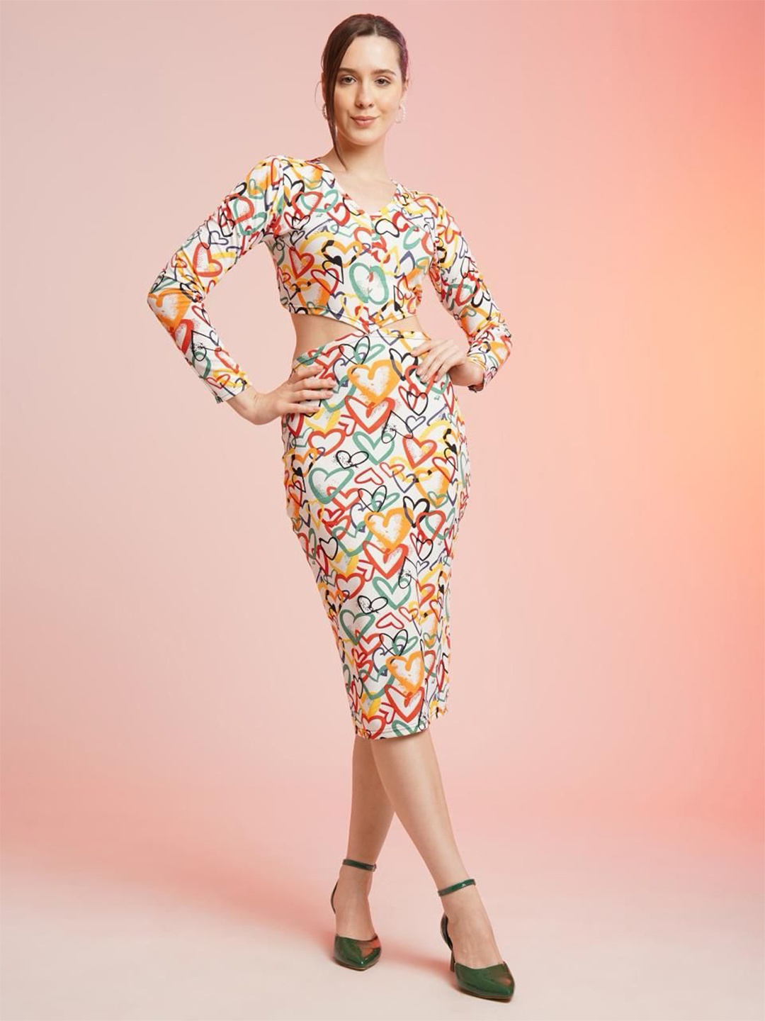 

Urban Komfort Abstract Printed V-Neck Cut-Outs Midi Sheath Dress, White