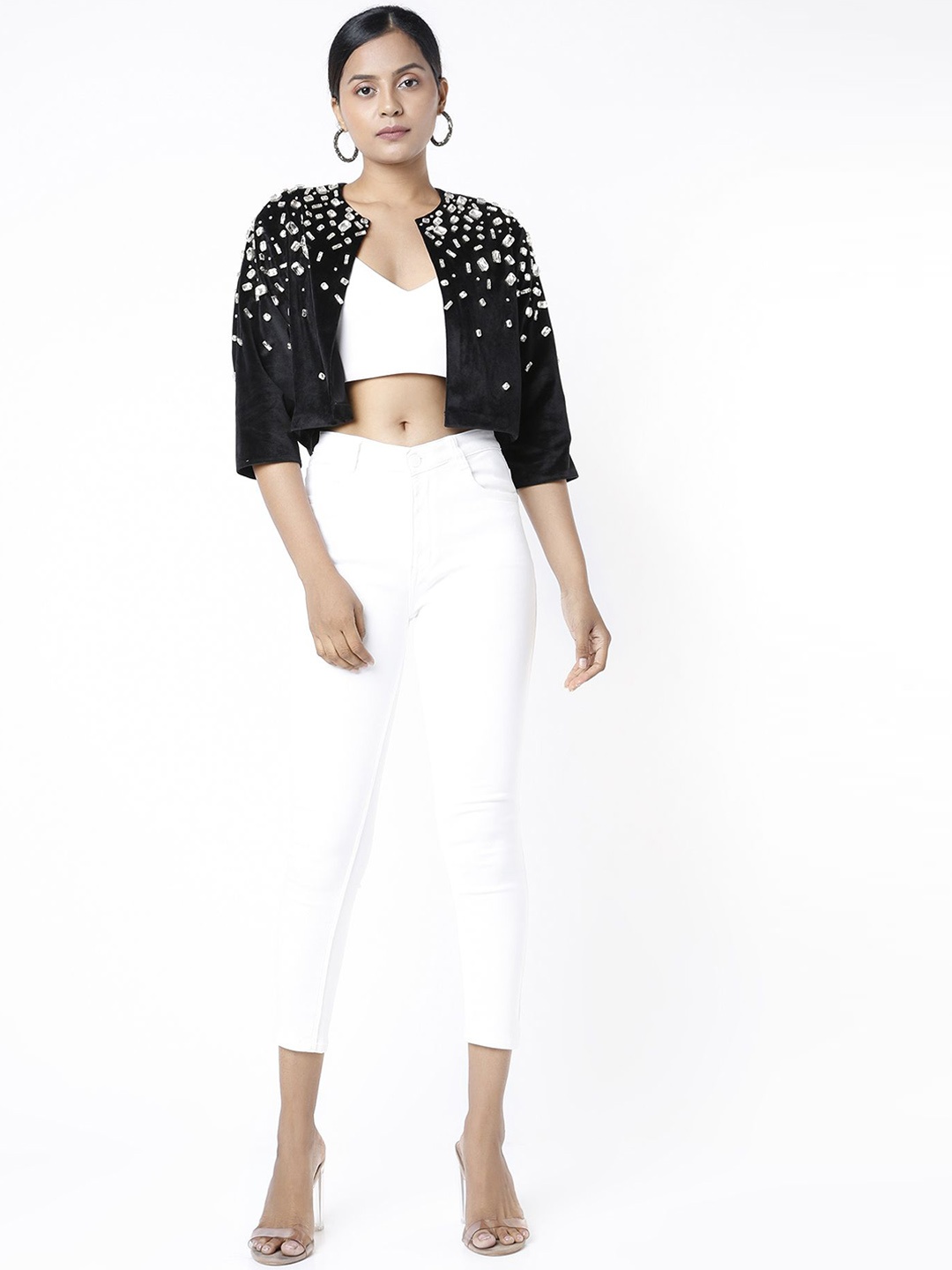 

EMBLAZE Sequined Lightweight Velvet Crop Open Front Jacket, Black
