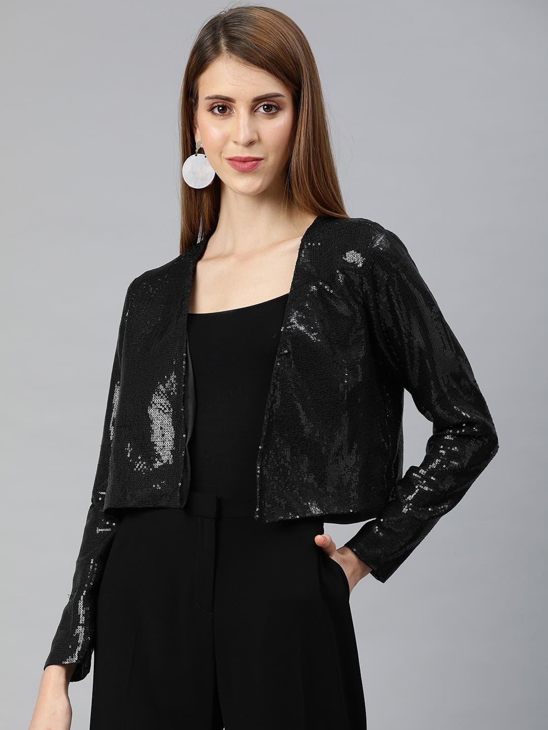 

EMBLAZE Sequined Lightweight Crop Open Front Jacket, Black