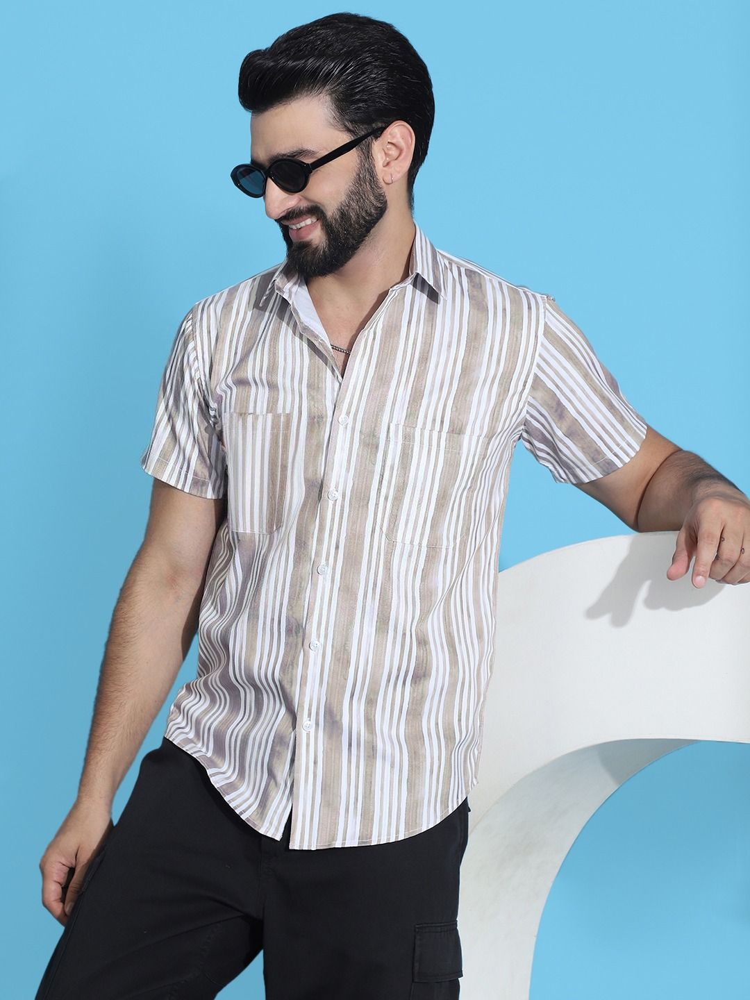 

Indian Needle Classic Striped Spread Collar Casual Shirt, Beige