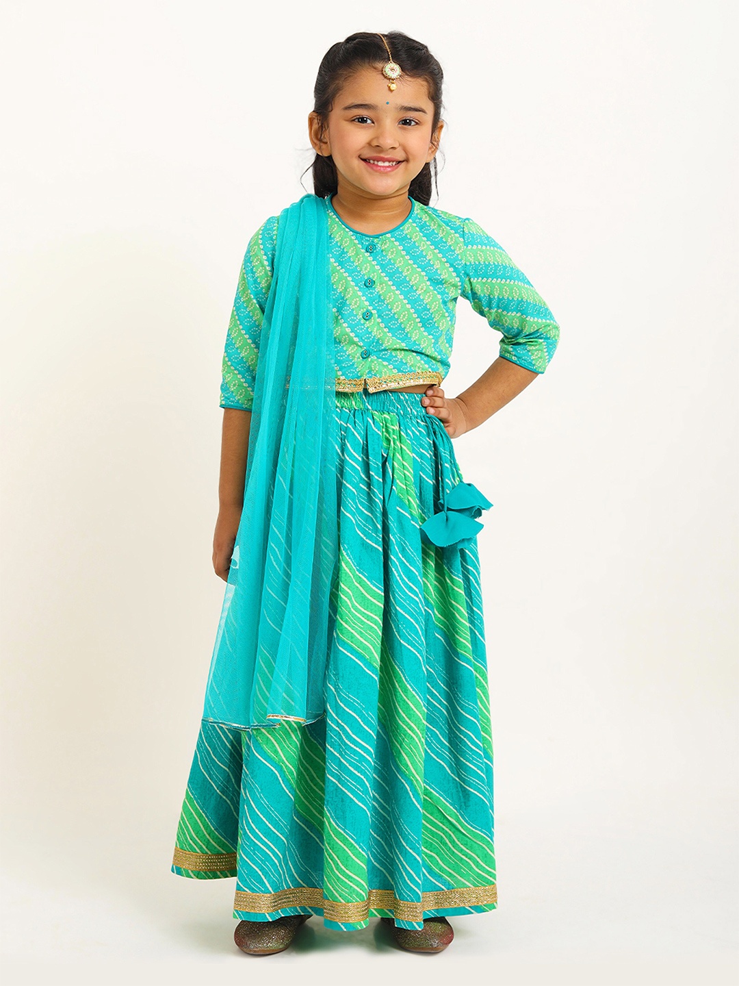 

Campana Girls Leheriya Printed Ready to Wear Lehenga & Blouse With Dupatta, Green
