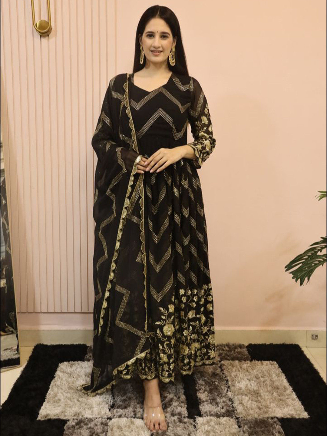

Kandora Embroidered Regular Kurta with Trousers & Dupatta, Black