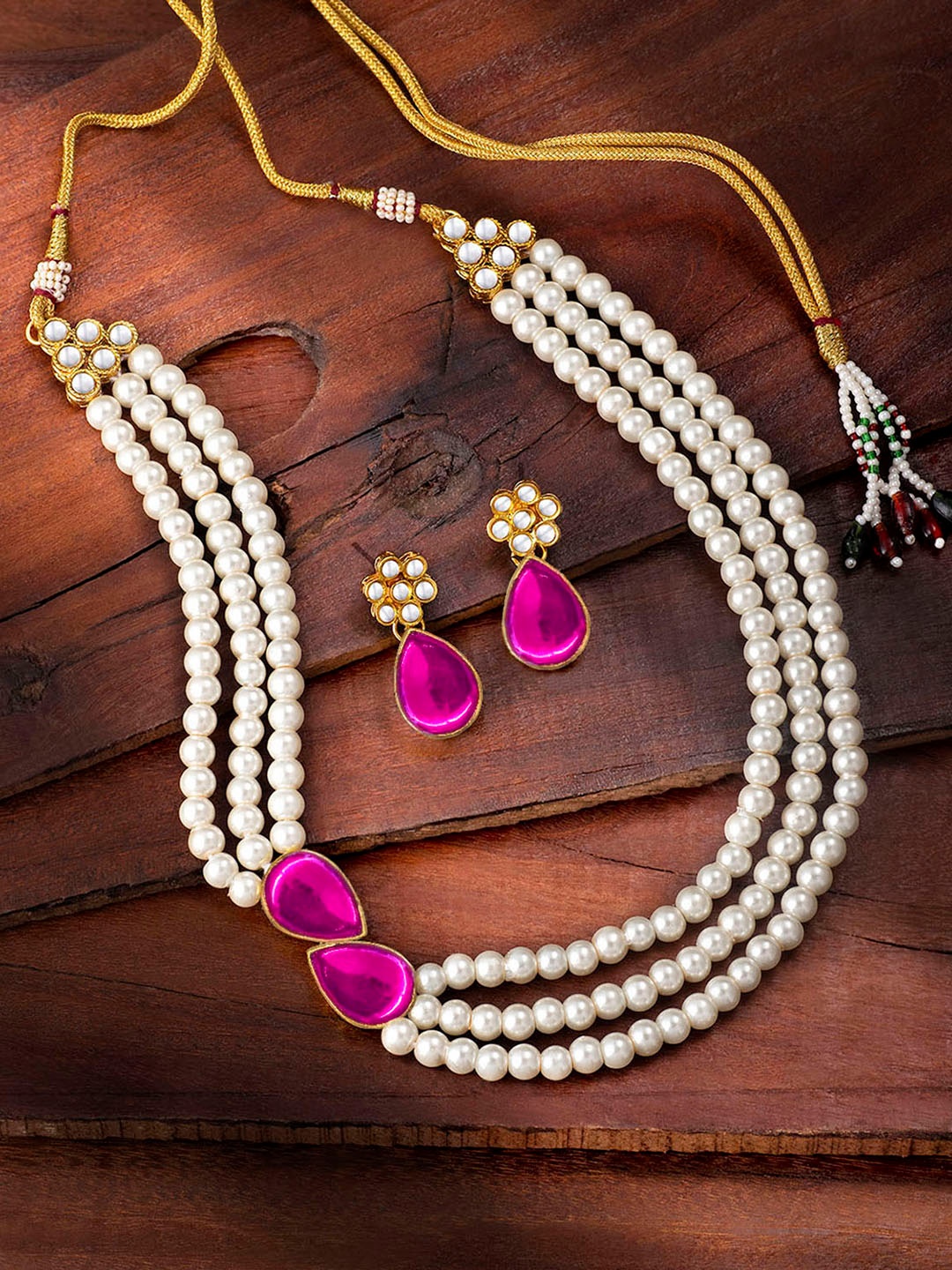

Peora Women Gold-Plated Artificial Stones & Pearls Studded Jewellery Set, Pink