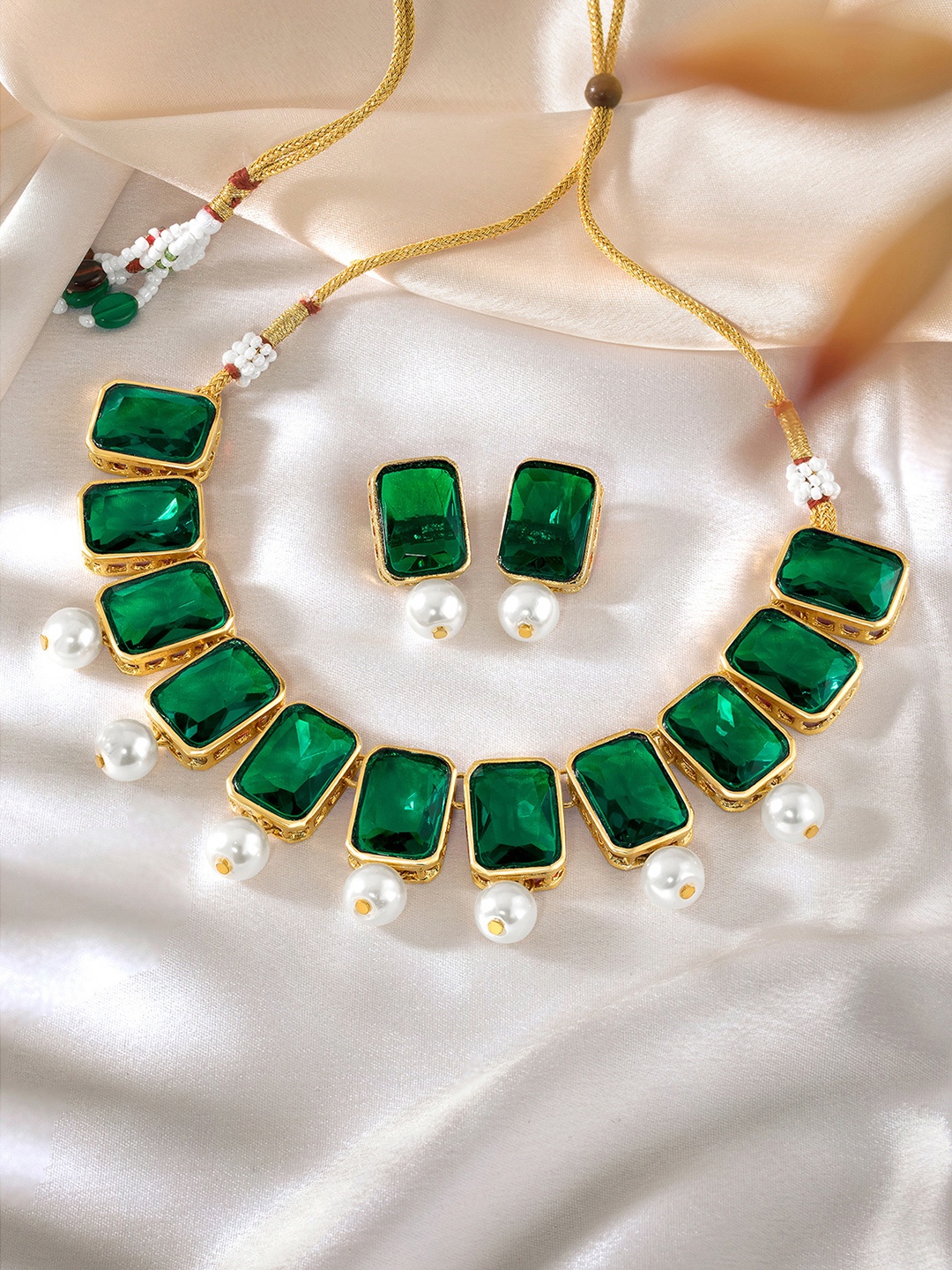 

Peora Traditional Jewellery Crystal Perl Necklace Earring Jewellery Set, Green