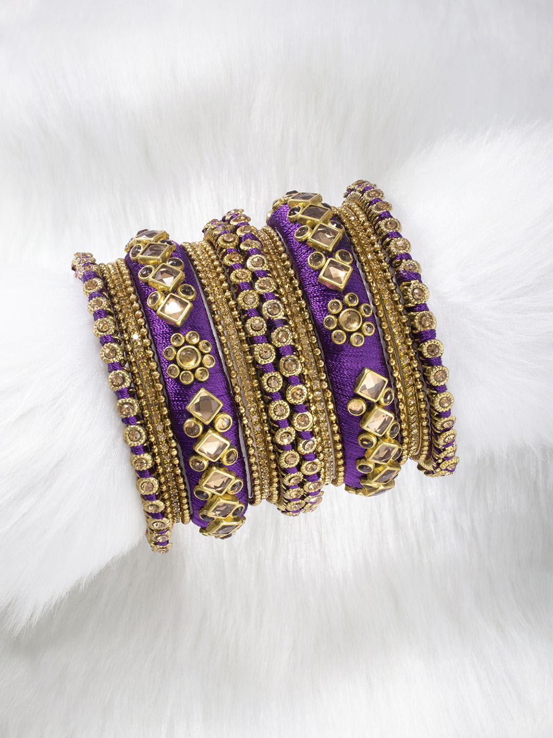 

Peora Set of 10 Gold-Plated Kundan-Stone Studded Bangles, Purple