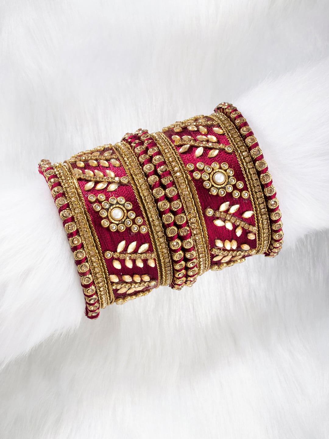 

Peora Set of 10 Gold-Plated Kundan-Studded Bangles, Maroon