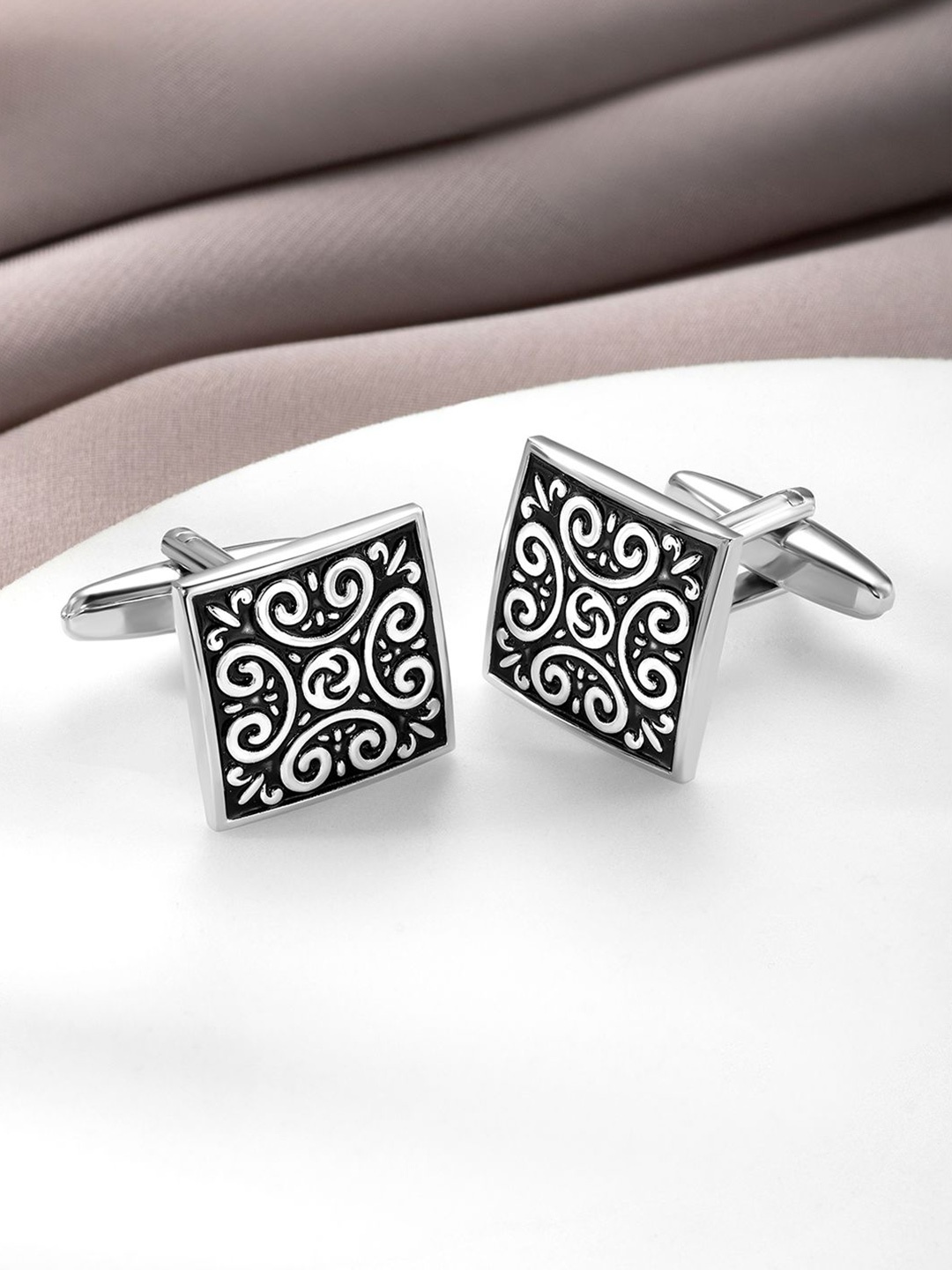 

Peora Men Stainless Steel Silver-Plated Square Cufflinks