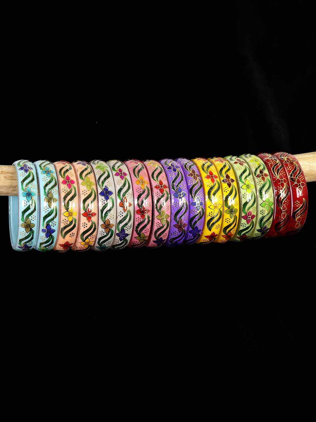 NMII Set of 16 Floral Printed Kada Bangles, Red