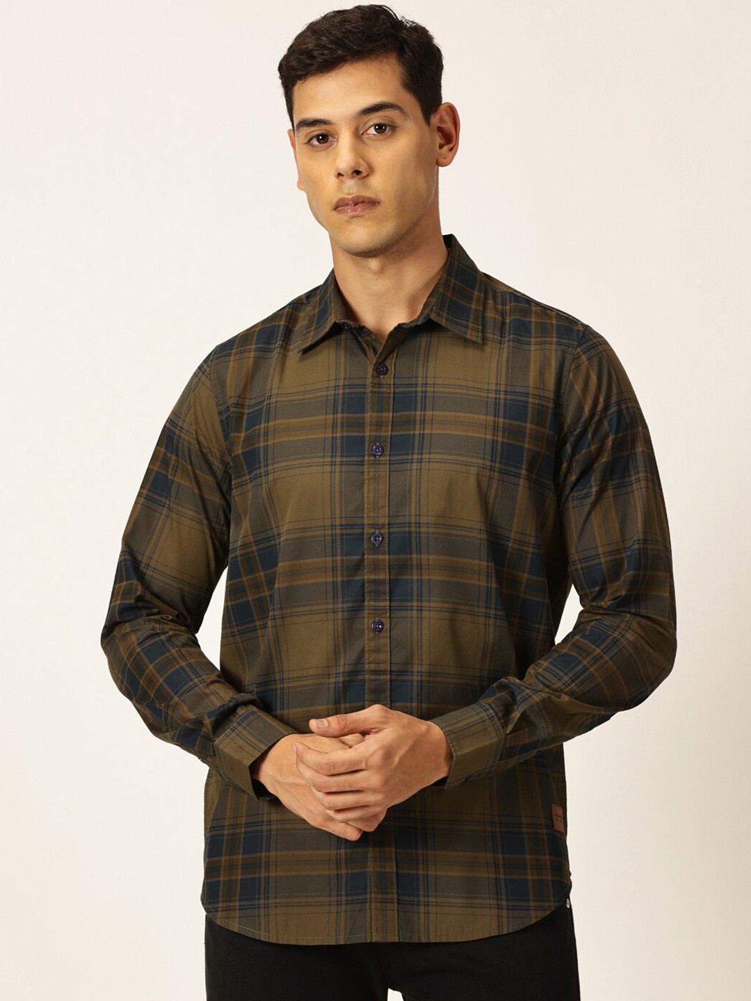 

Provogue Classic Slim Fit Tartan Checks Pure Cotton Casual Shirt, Olive