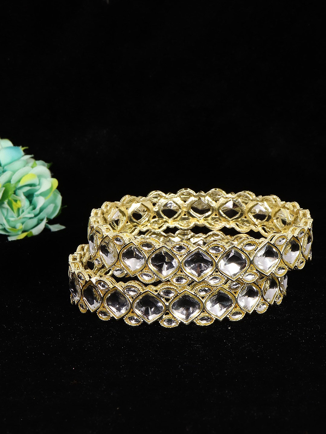 NMII Set Of 2 Kundan Mirror & CZ-Studded Bangles, Gold