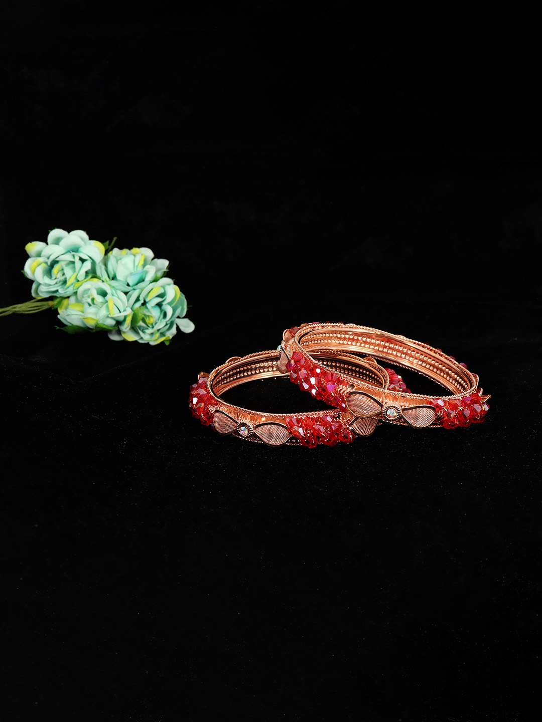 

NMII Set Of 2 Kundan Mirror & Zircon Stone-Studded Bangles, Red