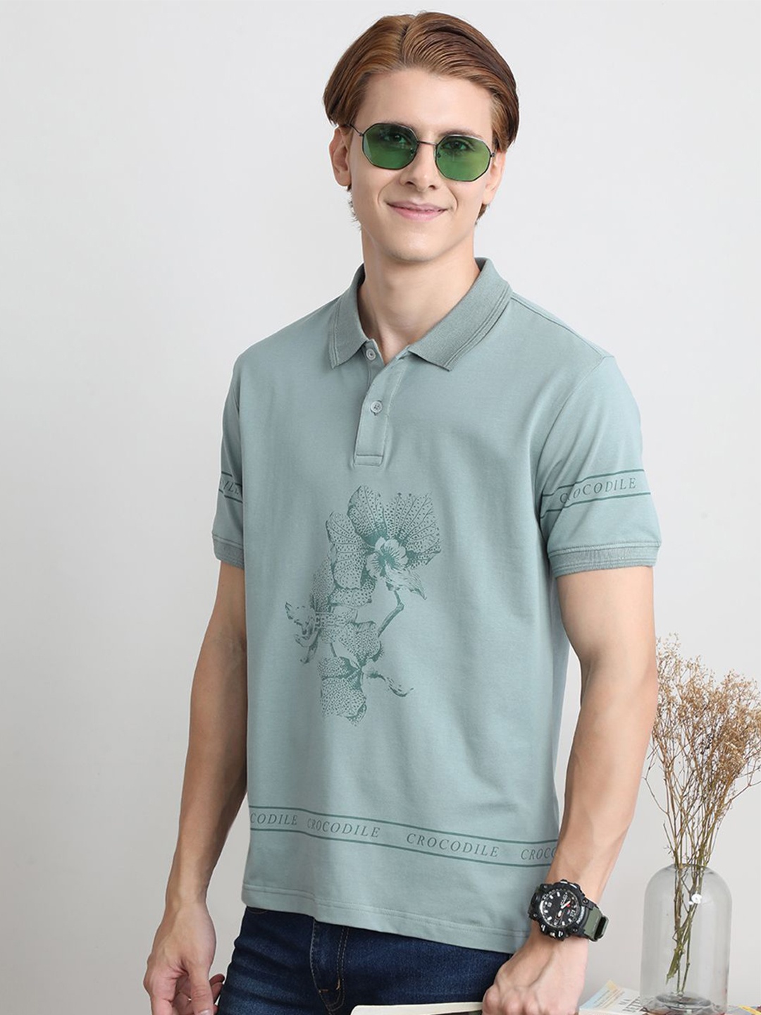 

Crocodile Men Floral Printed Polo Collar Slim Fit T-shirt, Green