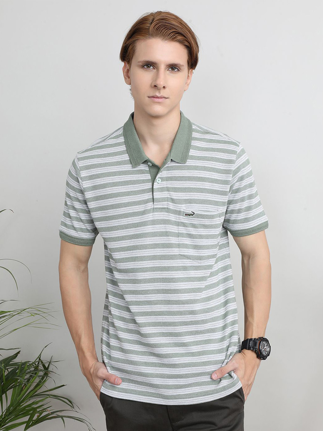

Crocodile Men Striped Polo Collar Slim Fit T-shirt, Olive