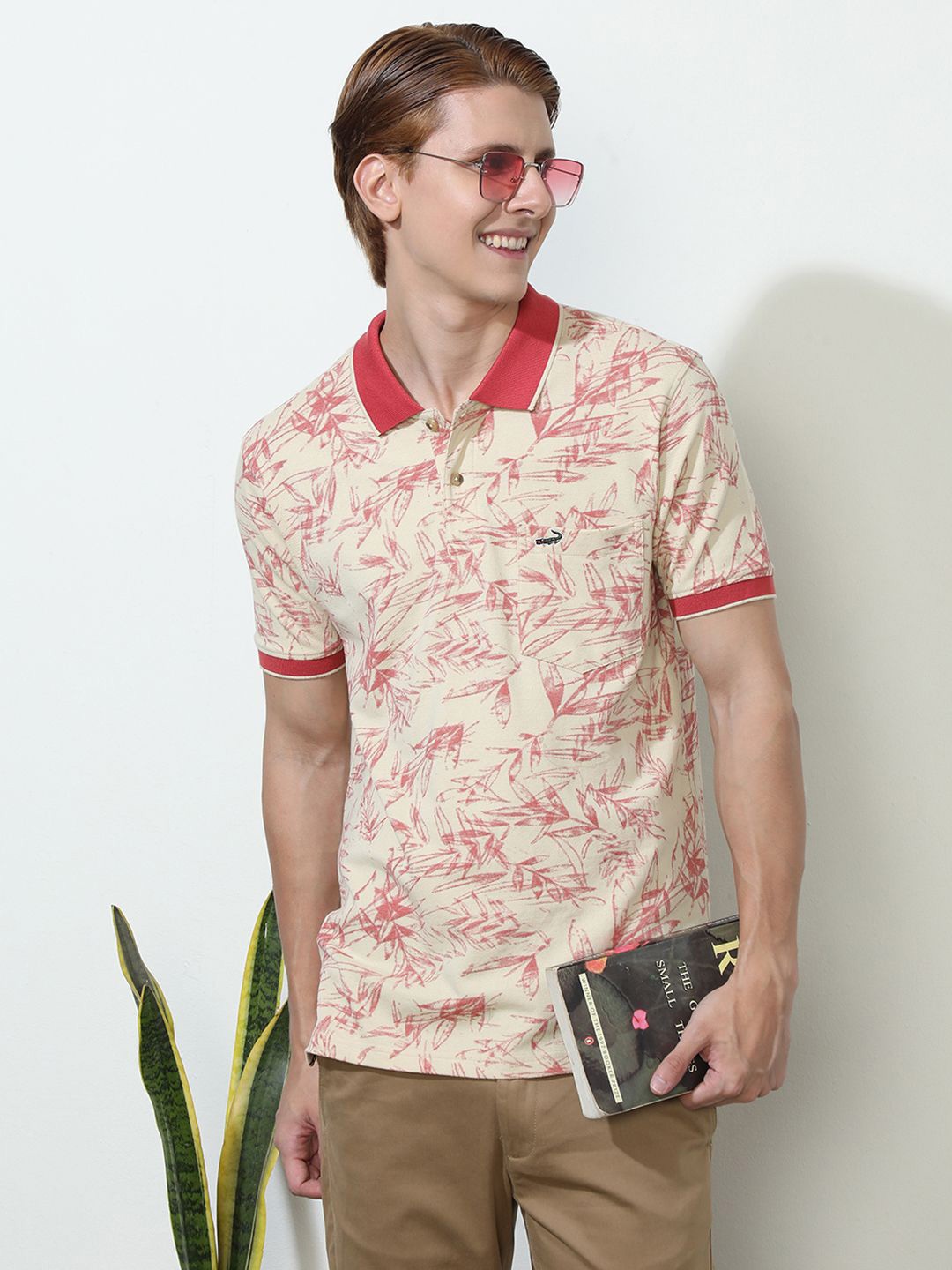 

Crocodile Men Polo Collar Tropical Printed Slim Fit Pocket T-shirt, Cream