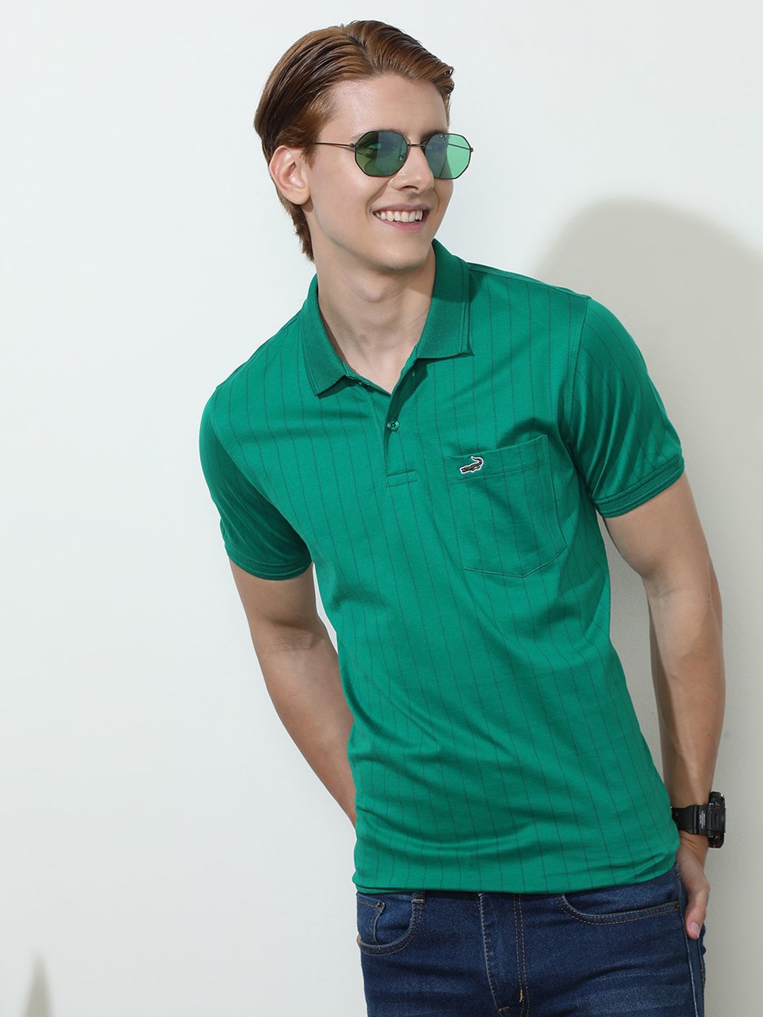 

Crocodile Men Polo Collar Striped Slim Fit Pocket T-shirt, Green