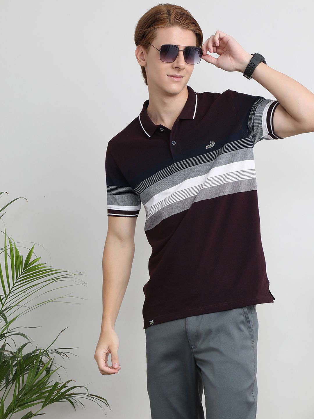 

Crocodile Men Striped Polo Collar Slim Fit T-shirt, Maroon