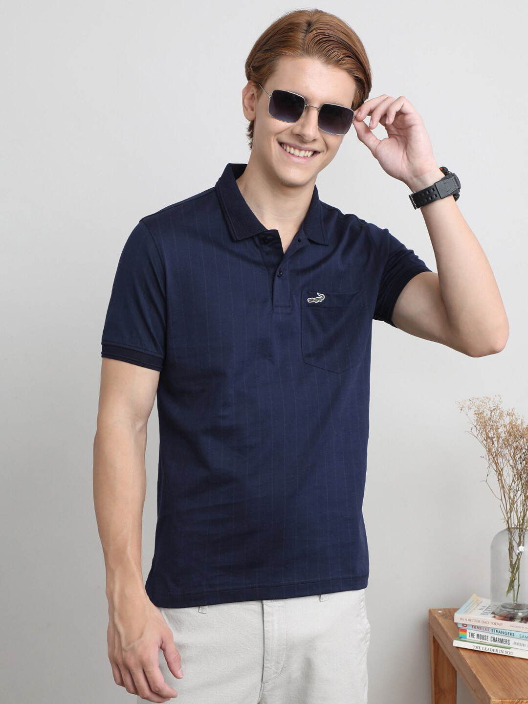 

Crocodile Men Polo Collar Striped Slim Fit Pocket T-shirt, Navy blue