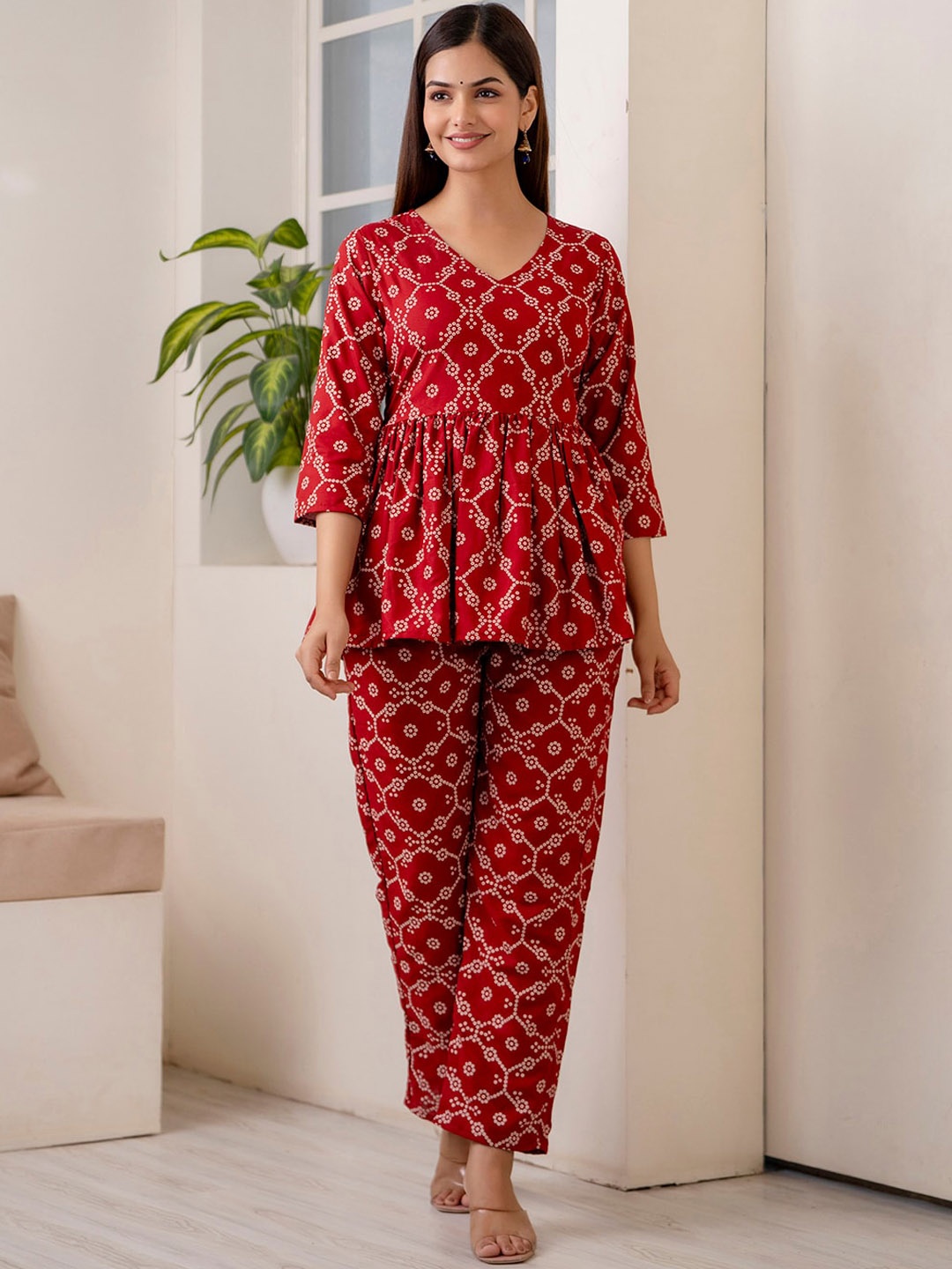 

Veshviti Women Ethnic Motifs Printed Empire Liva Top with Palazzos, Maroon