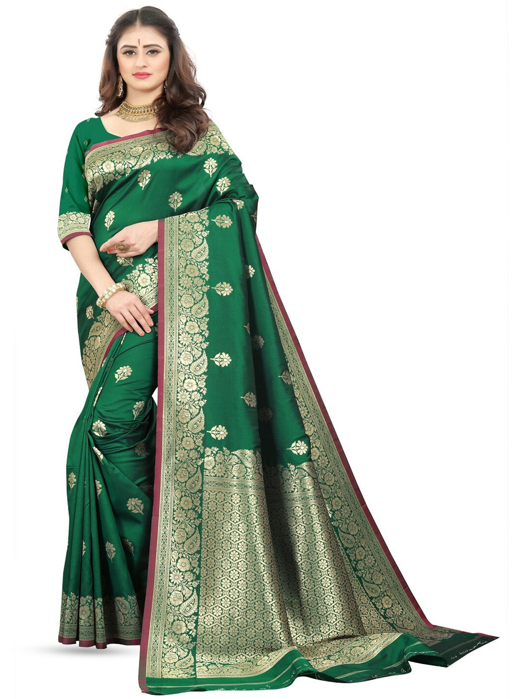 

THE WOMEN DECOR Ethnic Motifs Zari Pure Silk Banarasi Saree, Green