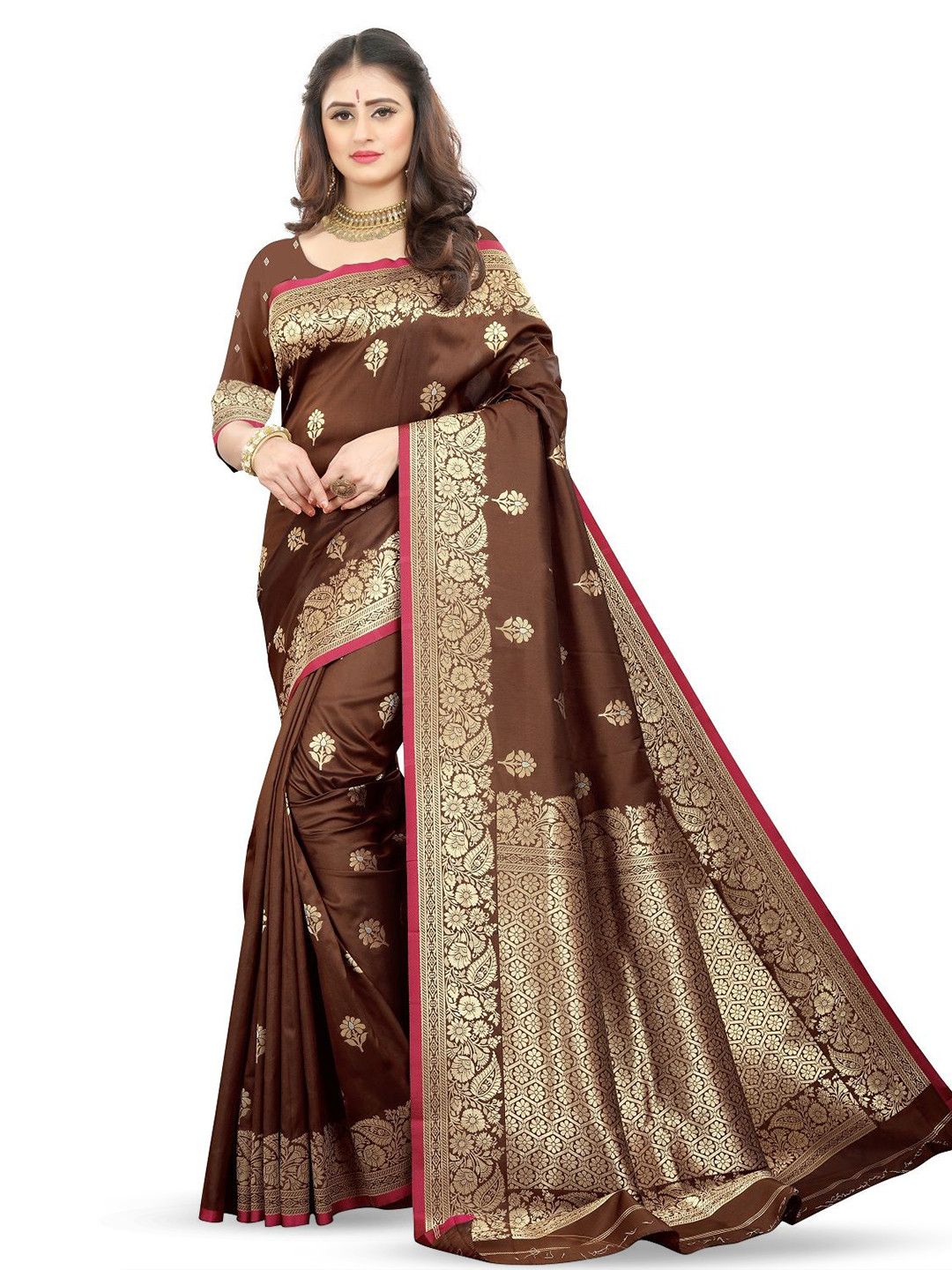 

THE WOMEN DECOR Woven Design Zari Pure Silk Banarasi Saree, Coffee brown