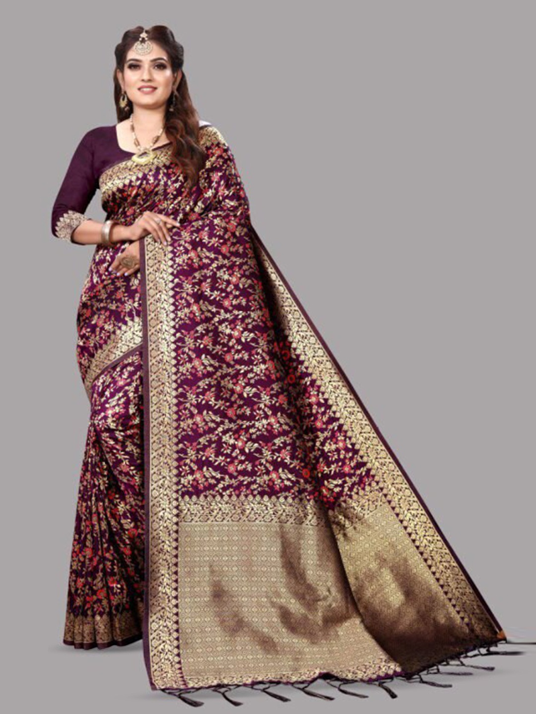 

THE WOMEN DECOR Woven Design Zari Banarasi Saree, Purple