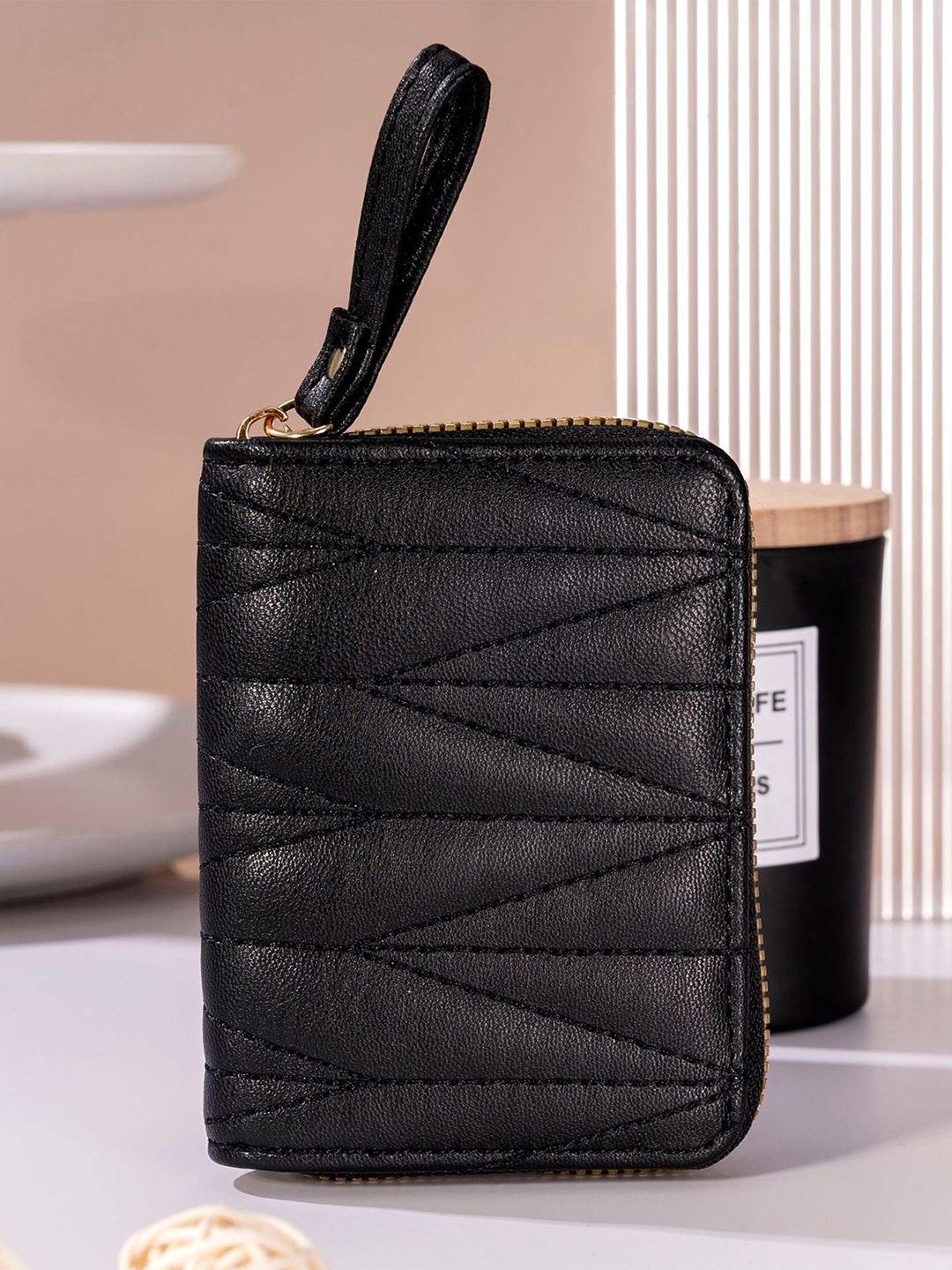 

SYGA Women Textured Leather Zip Around Wallet, Black