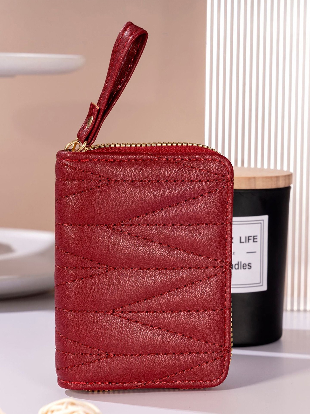 

SYGA Women Textured Leather Zip Around Wallet, Burgundy