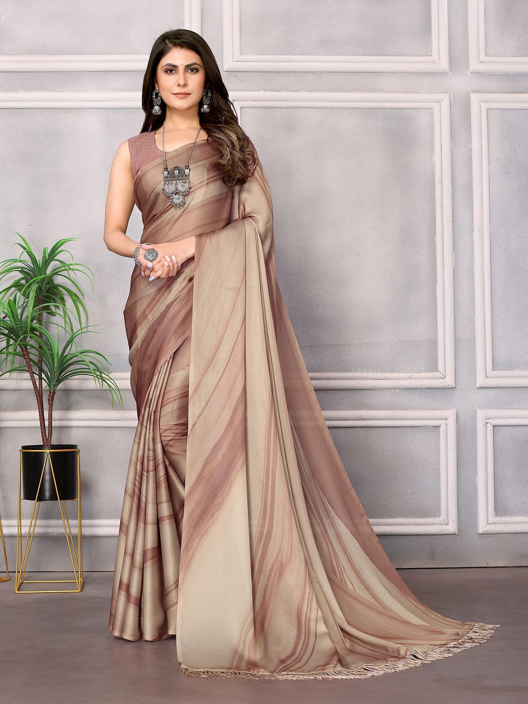 

ARYZE Striped Satin Saree, Beige