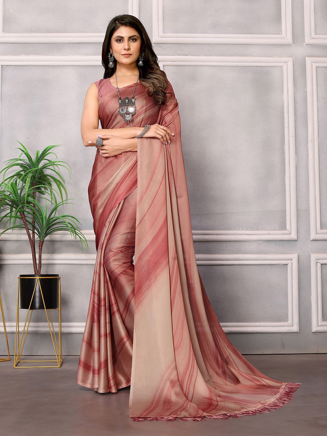 

ARYZE Striped Satin Saree, Brown