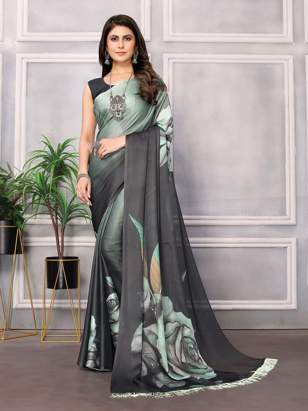 

ARYZE Floral Satin Saree, Green